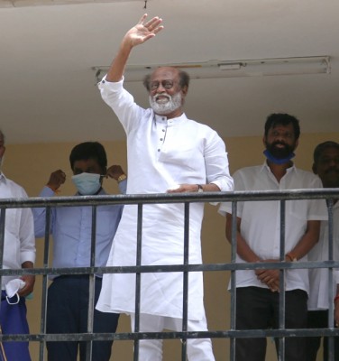 Actor Rajinikanth greets fans at Raghavendra Kalyana Mandapam in Chennai