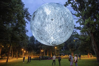A view of art installation 'The White Night' by Luke Jerram in Riga, Latvia
