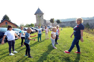 First-grade students attend an outdoor PE class in Barilovic