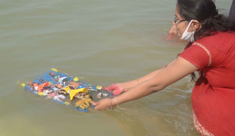 Glimpses of immersion of Goddess Durga's idols at Kolkata's Babughat