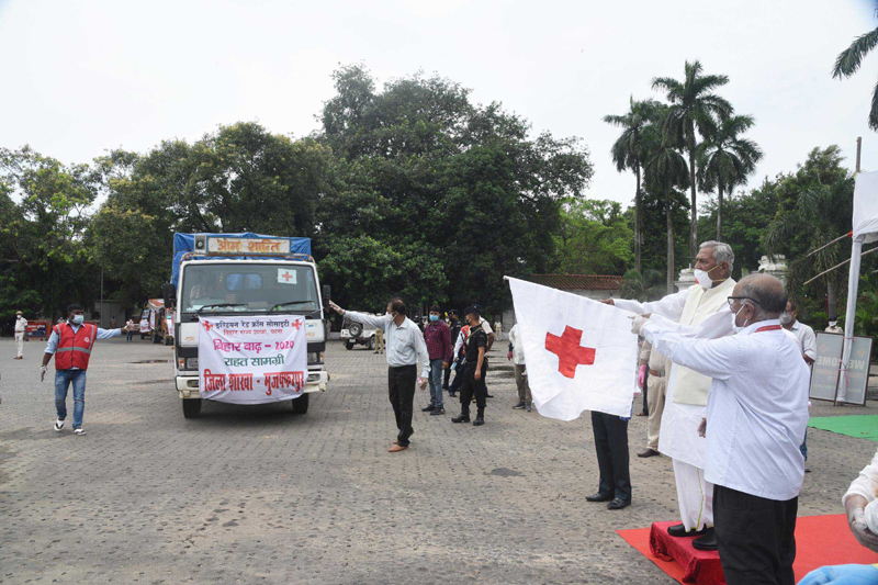 Bihar governor Fagu Chauhan flags off the trucks loaded with relief materials