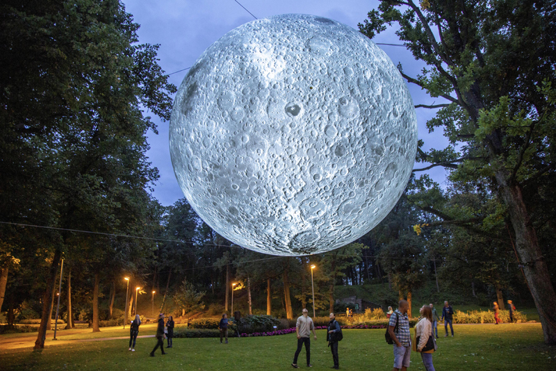 A view of art installation 'The White Night' by Luke Jerram in Riga, Latvia