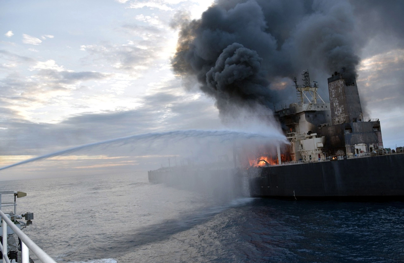 Indian Coast Guard, Sri Lankan Navy and Tug boats attempt to douse fire at MT NewDiamond oil tanker off the east coast of Sri Lanka