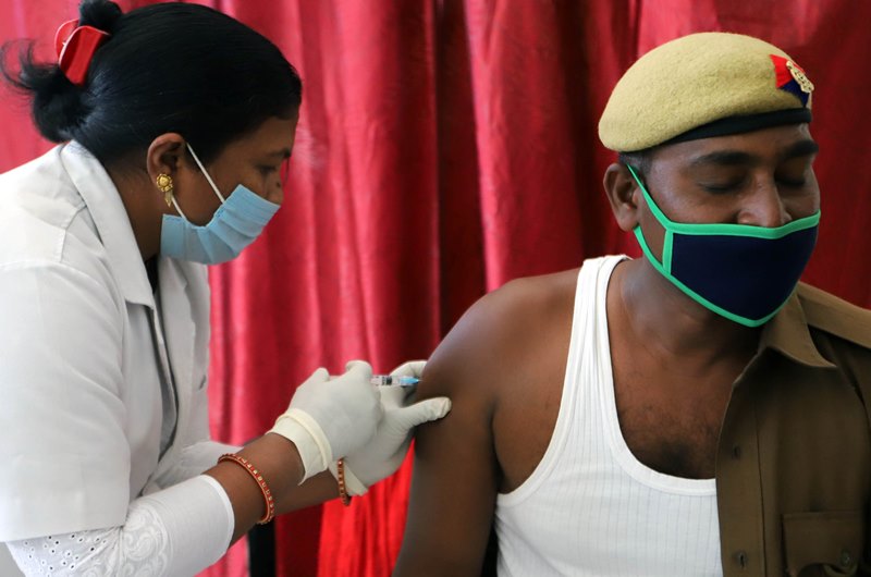 RPF Jawan receives Covishield dose in Prayagraj