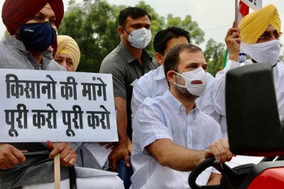 Rahul Gandhi rides tractor to Parliament in protest against farm laws