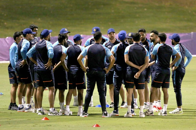 Ravi Shastri with Rohit Sharma during practice session in Dubai
