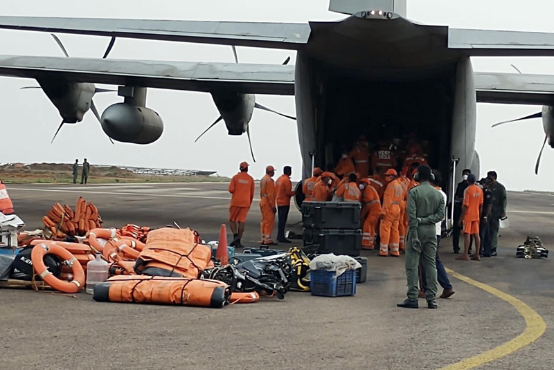 NDRF personnel boarding IAF aircraft for Cyclone relief work in Jamnagar