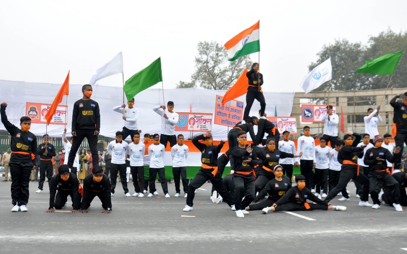 Police personnel marching during full dress rehearsal for Republic Day
