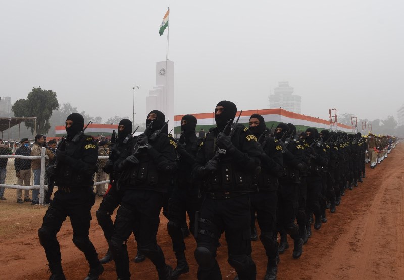 Police personnel marching during full dress rehearsal for Republic Day
