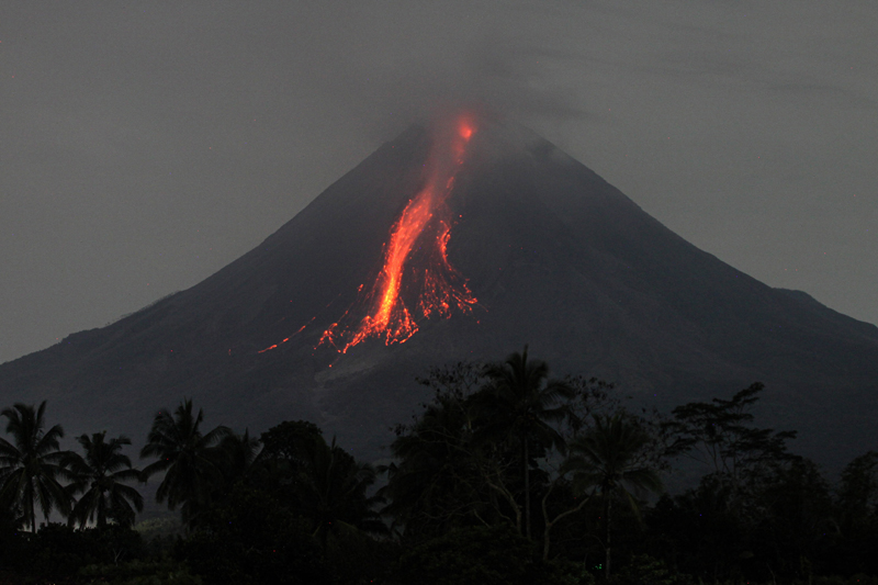 Volcanic materials spewing from Mount Merapi