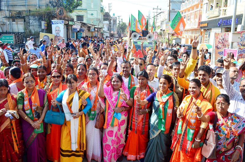 BJP supporters take victory rally after party's win in Tripura Municipal Elections in Agartala
