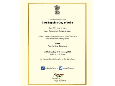 Consul Gen of India Toronto office to observe 73rd Indian Republic Day
