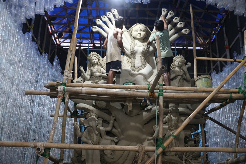 Kolkata’s Lalabagan Nabankur crafts Durga Puja Pandal with 3 lakh plastic bottles