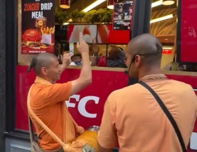 ISKCON devotees chant 'Hare Krishna' outside KFC outlet in response to YouTuber's 'chicken eating' act