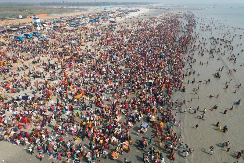 Aerial views show thousands taking holy dip at Gangasagar on Makar Sankranti