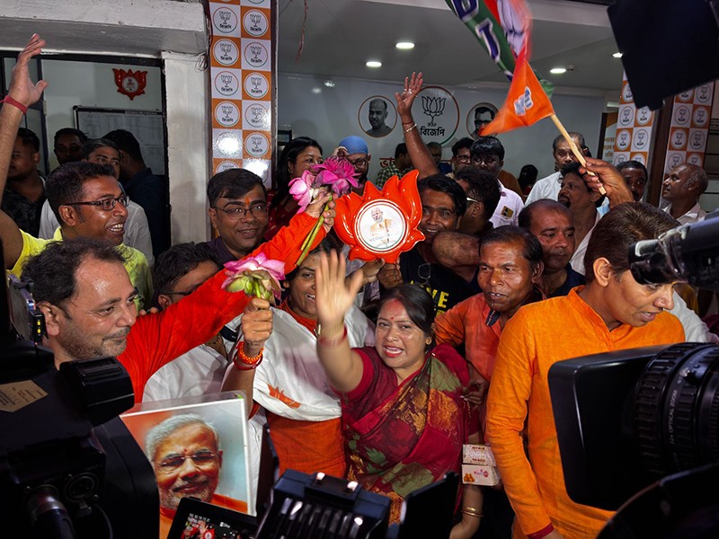 In Images: BJP Kolkata HQ erupts in joy as party on way to Bengal victory