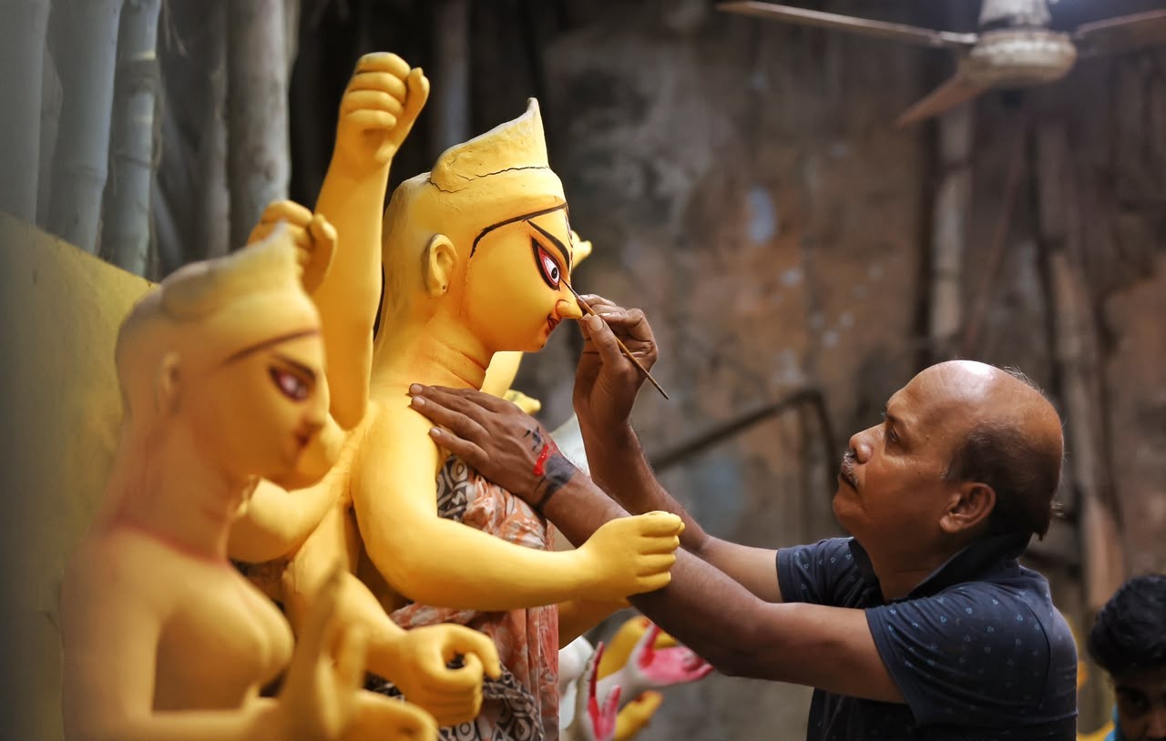 In Images: Durga Puja artisans give final touches to idols as Kolkata gears up for the festivities