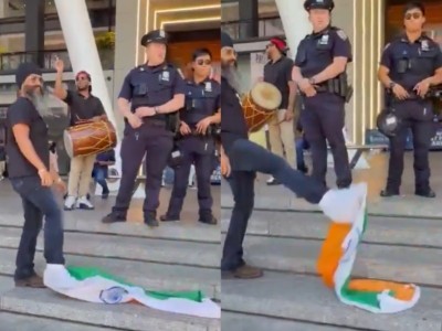 Pro-Khalistan protesters desecrate Indian Tricolour outside Madison Square Garden during Bhagwat event
