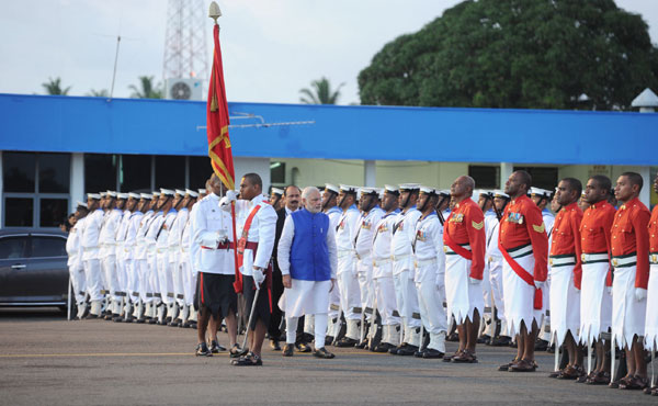 Modi being received on his arrival, at Nausori International Airport