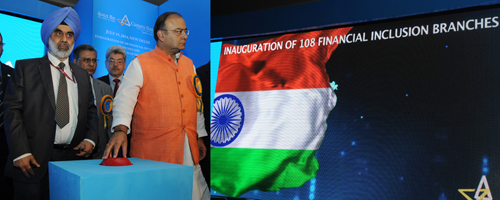 Arun Jaitley lighting the lamp to inaugurate the 108 Financial Inclusion Branches 