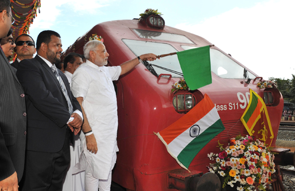 Modi flagging off the Talaimannar-Madu Road train, in Sri Lanka 