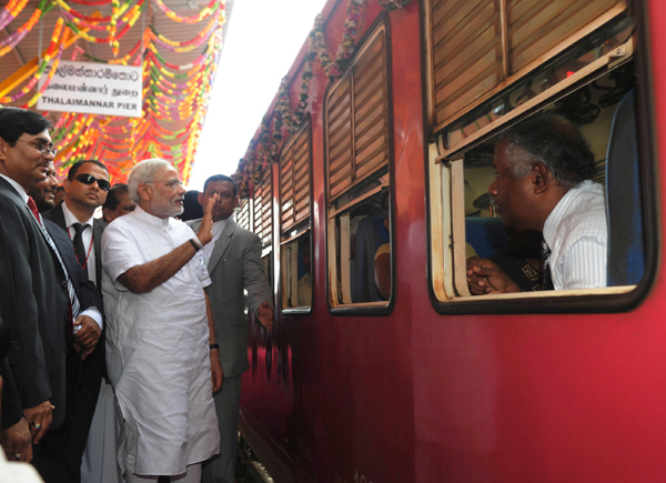 Modi flagging off the Talaimannar-Madu Road train, in Sri Lanka 