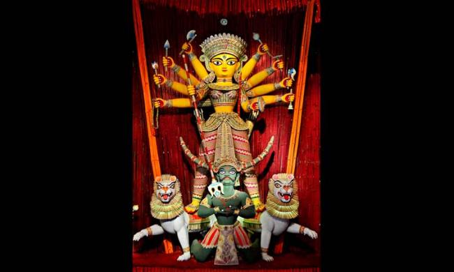 Glimpse of Goddess Durga from Kolkata's Ahiritola Sarbojanin
