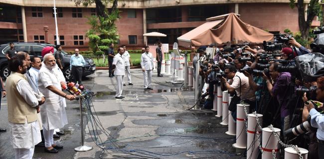 Prime Minister,Narendra Modi interacting with the media at the start of Monsoon Session of Parliament