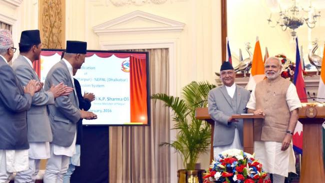 The Prime Minister of Nepal, K.P. Sharma Oli with the Prime Minister, Narendra Modi, at the Ceremonial Reception, at Rashtrapati Bhavan