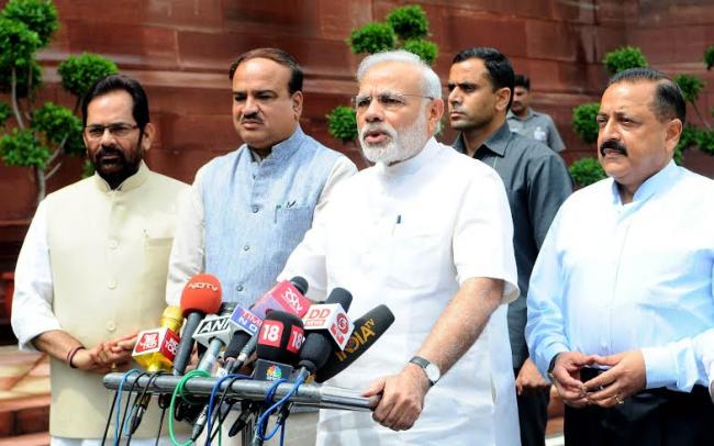 Prime Minister,Narendra Modi interacting with the media at the start of Monsoon Session of Parliament