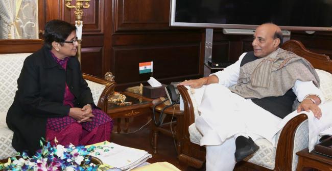 Kiran Bedi calling on the Union Home Minister, Rajnath Singh