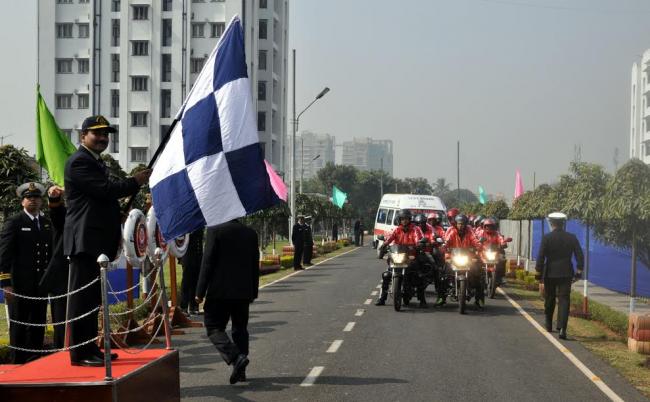 The former Air Chief Marshal Arup Raha flagging off the Coast Guard Motor Cycle Rally Cum Medical Campaign