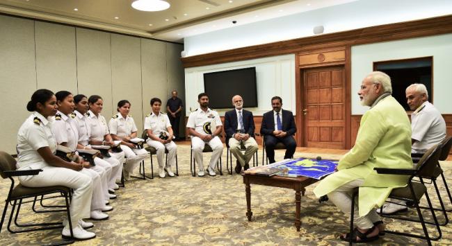 PM Modi meets Indian Navy women officers venturing to sail around the world 