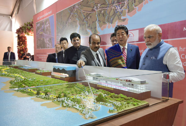 Narendra Modi and the Prime Minister of Japan, Mr. Shinzo Abe at Ground Breaking ceremony of Mumbai-Ahmedabad High Speed Rail Project