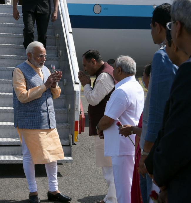 PM Modi reaches Gujarat, welcomed at public meeting in Ghogha
