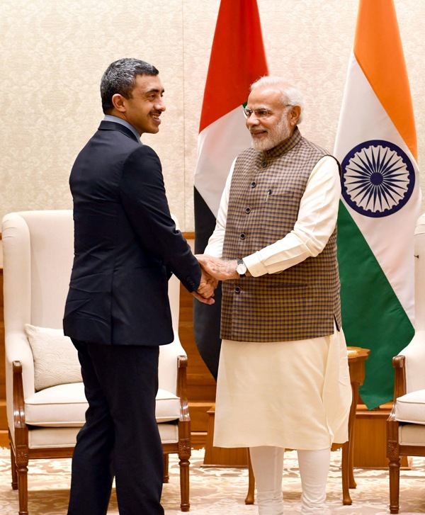 Minister of Foreign Affairs of UAE Sheikh Abdullah bin Zayed Al Nahyan calls on the Prime Minister, Narendra Modi 