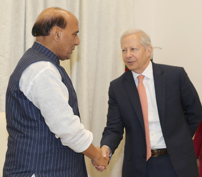 Rajnath Singh meets U.S. Ambassador Kenneth Ian Juster in New Delhi on December 03, 2019.