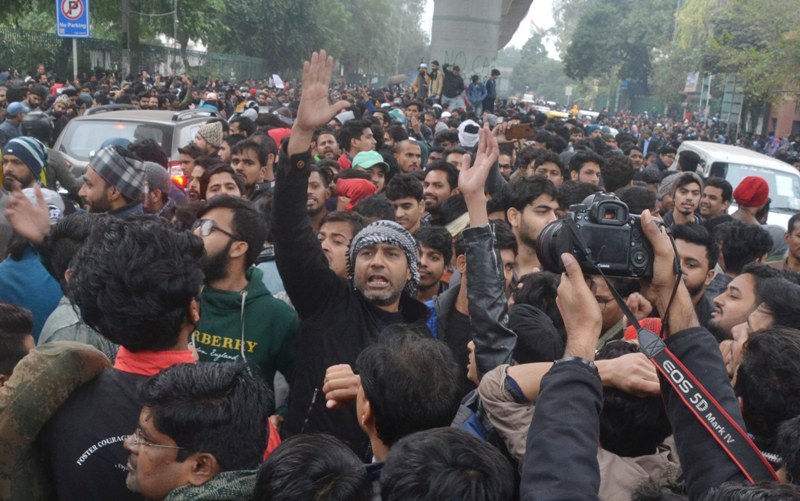 Students agitating against Citizenship Amendment Act outside Jamia Millia Islamia University.