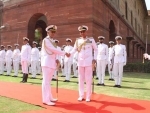 NEW DELHI, MAY 31 (UNI):- Outgoing Chief of the Naval Staff Admiral Sunil Lanba being seen off by Admiral Karambir Singh after the handing over taking over ceremony