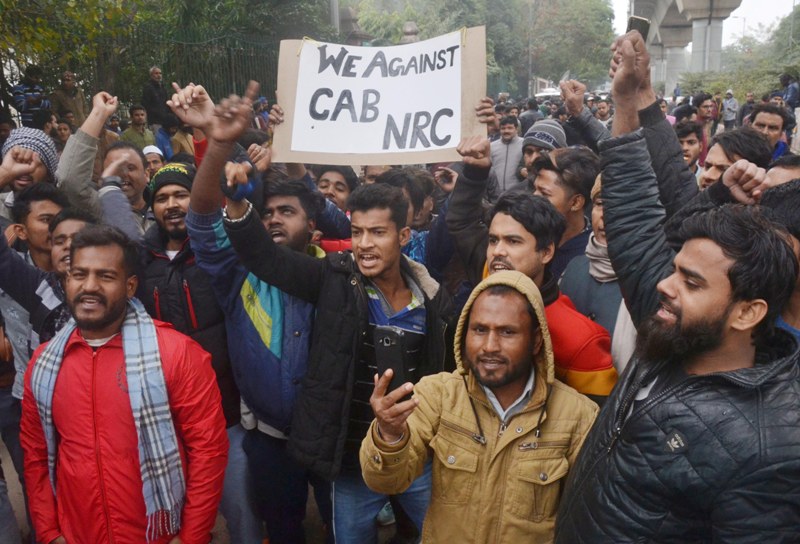 Students agitating against Citizenship Amendment Act outside Jamia Millia Islamia University.