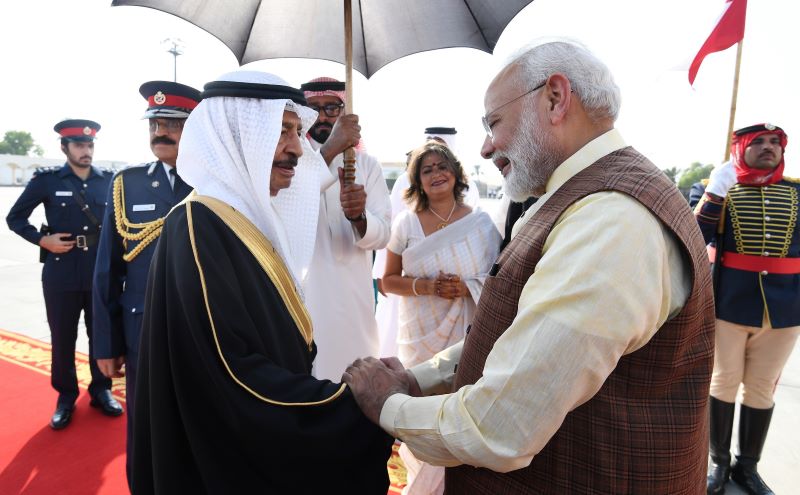 PM Modi received by Bahrain PM HH Prince Khalifa Bin Salman Al Khalifa in Bahrain
