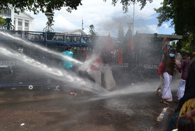 Police using water cannons to disperse KSU workers demanding resignation of Kerala Higher Education Minister K T Jaleel