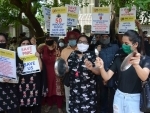 PMC Bank Account Holder raising slogans during demonstration in front of RBI office in Mumbai