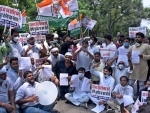 Indian Youth Congress activists demonstrate outside Rajnath Singh residence