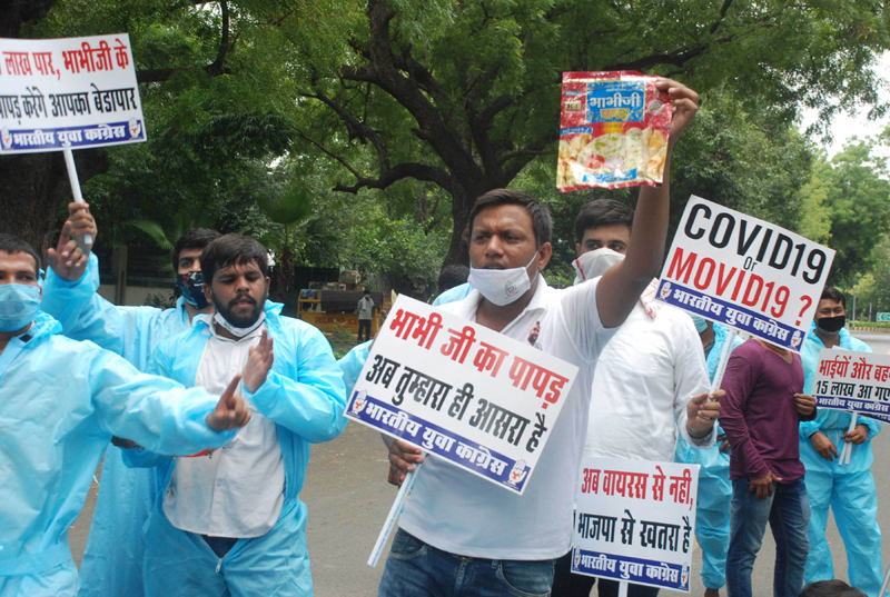 Bhabiji Papad: Indian Youth Congress workers protest in New Delhi