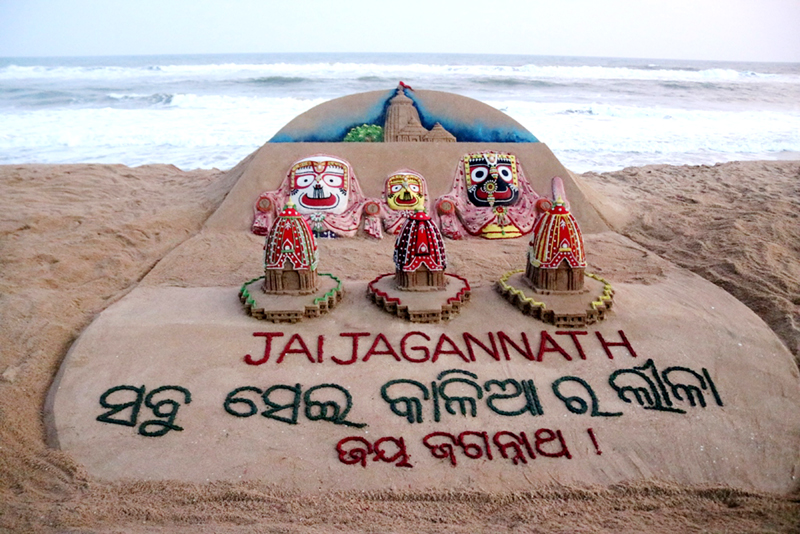 Sculpture of Lord Jagannath, Balabhadra and Subhadra at Puri beach