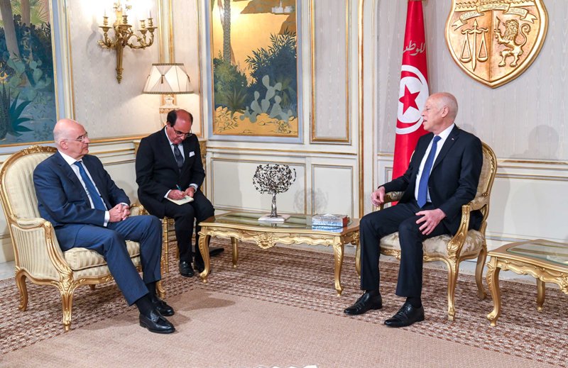 Tunisian President Kais Saied meets Greek foreign minister Nikos Dendias