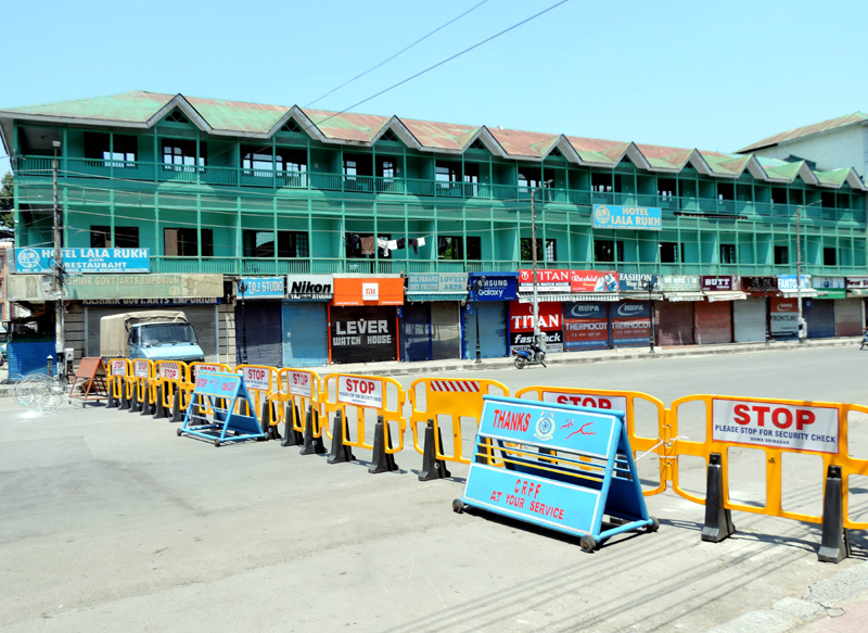 A deserted view of Budshah Chowk in Srinagar amid lockdown