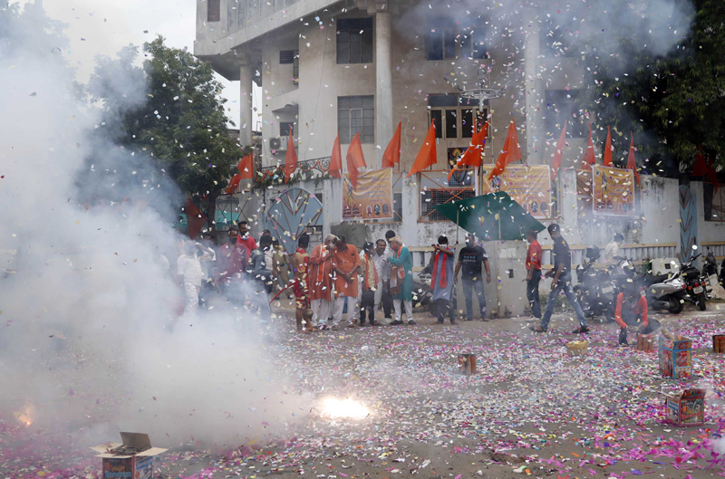 Ayodhya: VHP workers participates in a celebration to mark the groundbreaking ceremony