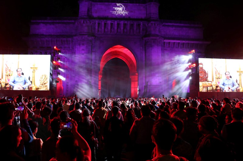 People enjoy light show during New Year celebration in Mumbai